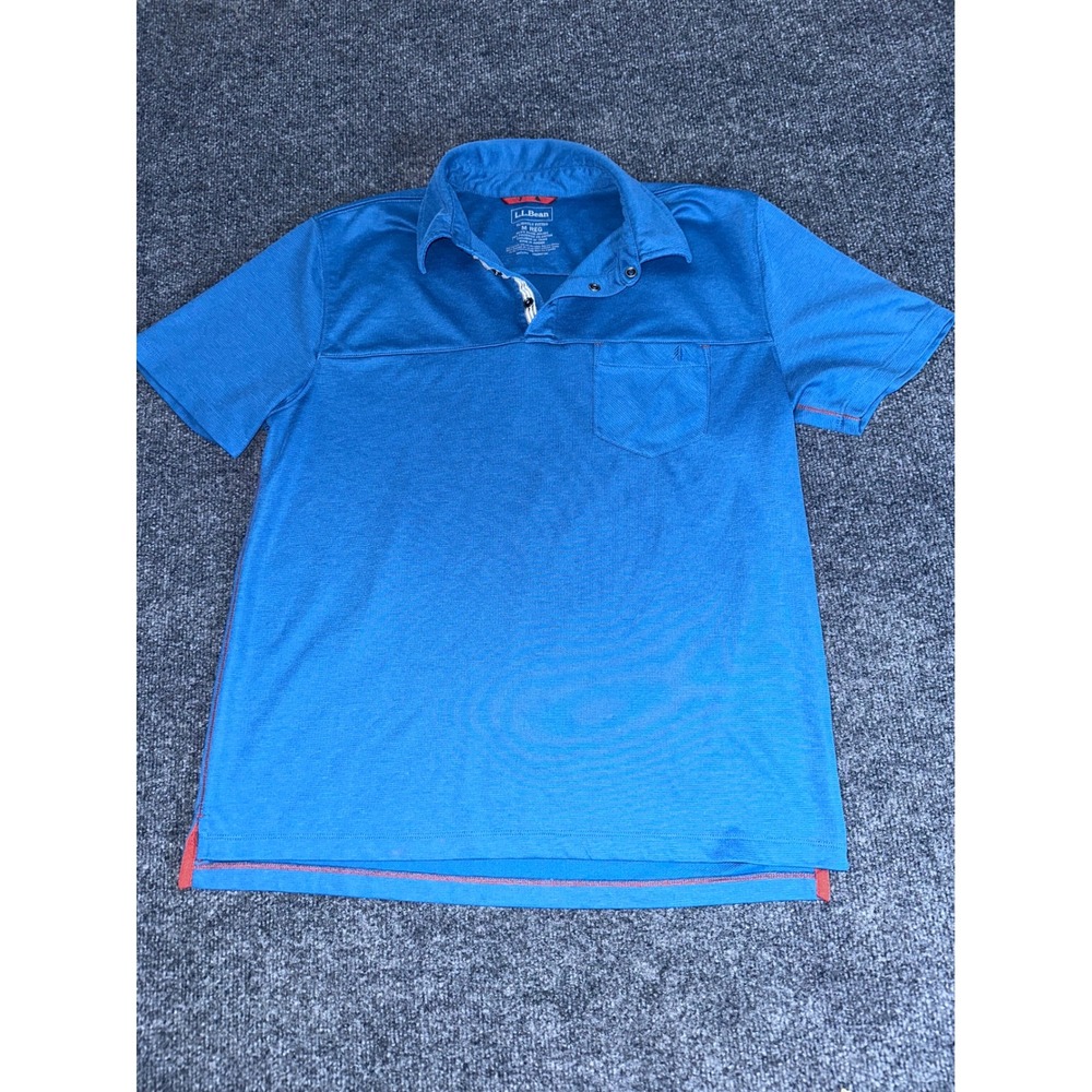 LL Bean Mens Blue Performance Polo Shirt Short Sleeve Snap Placket Medium Reg